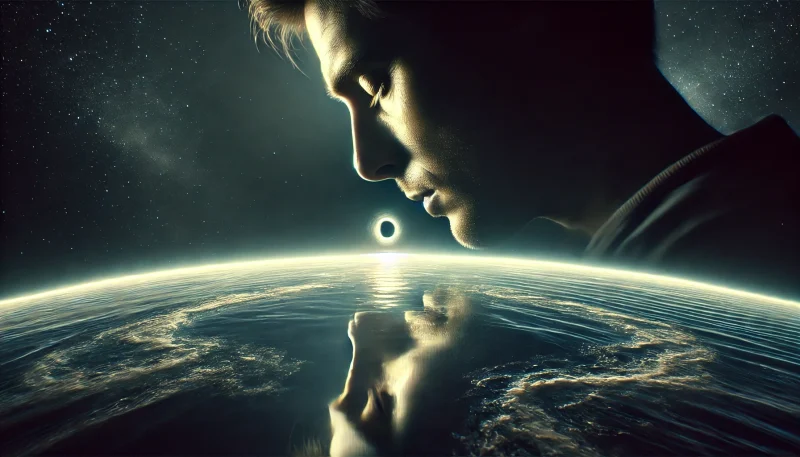 静かに波打つソラリスの海が、下を覗き込む男の顔を映し出し、記憶と苦悩を詩的に象徴する静謐で感傷的なSFシーン