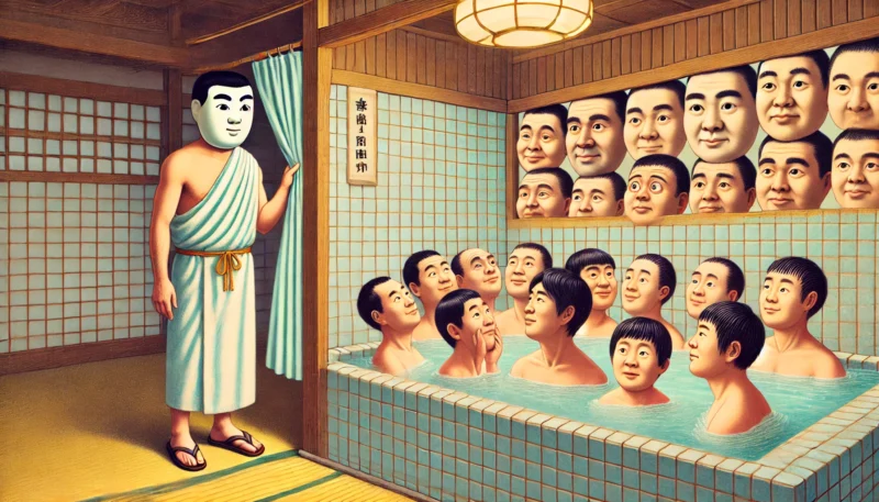 現代日本の銭湯でくつろぐ日本人たちを、驚きの表情で観察するローマ人を描いたユーモアあふれるビジュアル