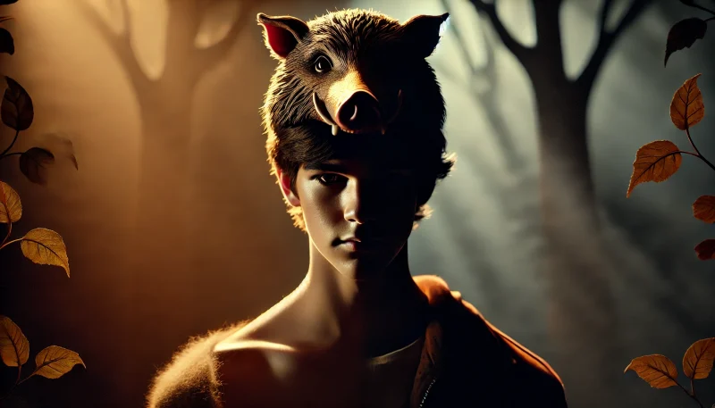 深い森の中、半身が光に照らされ半身が影に沈む少年が立っており、獣のような帽子で顔を隠している姿。内面の葛藤と隠された正体を象徴する幻想的な構図。