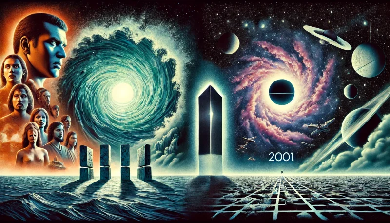 『惑星ソラリス』の内面的な海と、『2001年宇宙の旅』のモノリスと宇宙空間という象徴的ビジュアルが対比された、哲学的SFを象徴する象徴的アート構成