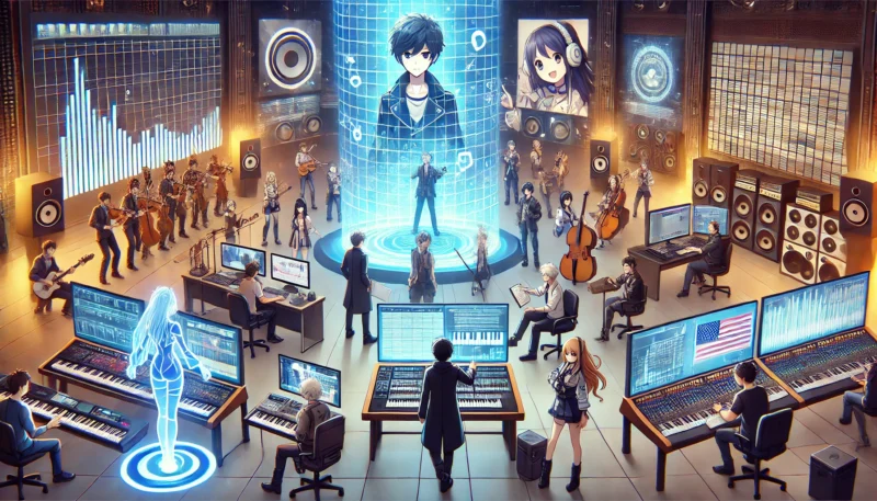 未来的な音楽スタジオで多様なメンバーがコラボレーションする様子。デジタル画面とホログラムを使って音楽制作に取り組む国際的で創造的なチームを描いたシーン。