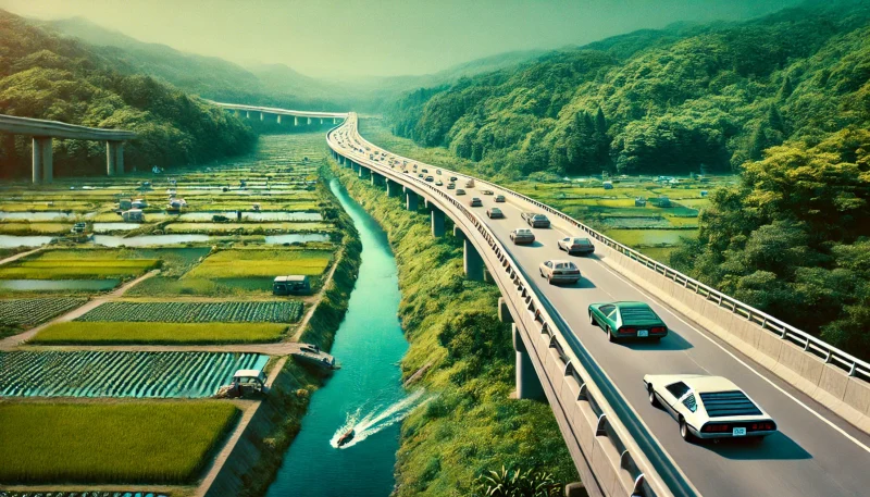 緑あふれる田園風景の中を近未来的な車が走り抜ける、1970年代の日本を思わせる郷愁的な高速道路の車窓風景