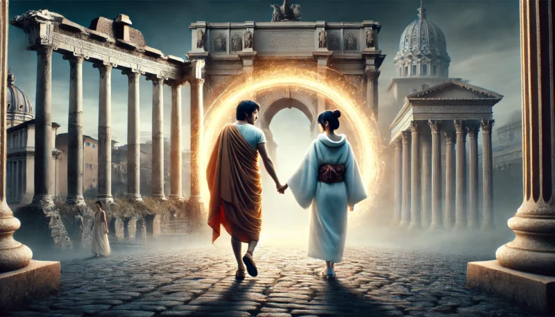 現代の女性がローマ人と共に時空を超え、古代ローマの世界へ歩み出す感動的な別れのシーン
