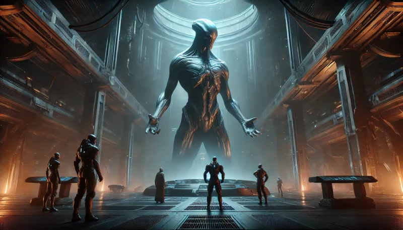 古代の異星建築に囲まれた未来的な部屋で、人間に怒りを示すエンジニアと、それに恐怖する人間たちの対峙シーン