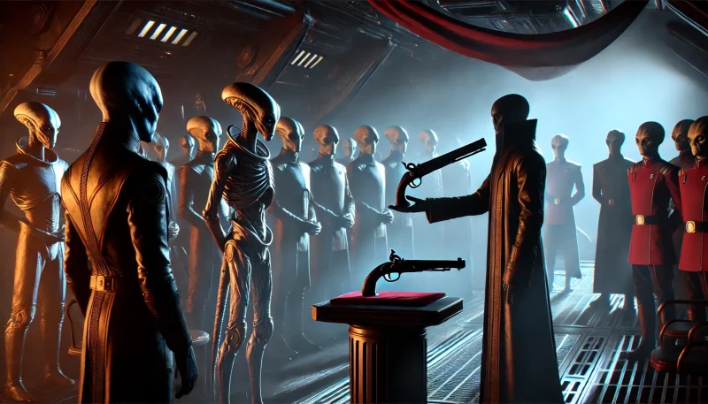 宇宙船内部で異星の戦士たちが人間に儀礼的な贈り物として古式銃を手渡す厳粛な場面。異文化間の敬意と戦士の掟が表現されている。