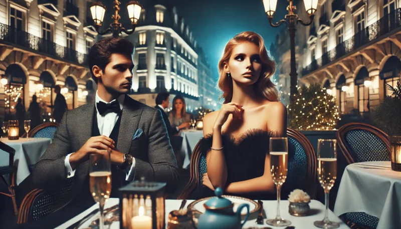 高級ヨーロッパ風カフェのテラスで、距離感を保ったまま無言で座る華やかなカップルの様子。映画『ツーリスト』における主演二人のケミストリー不全を象徴。