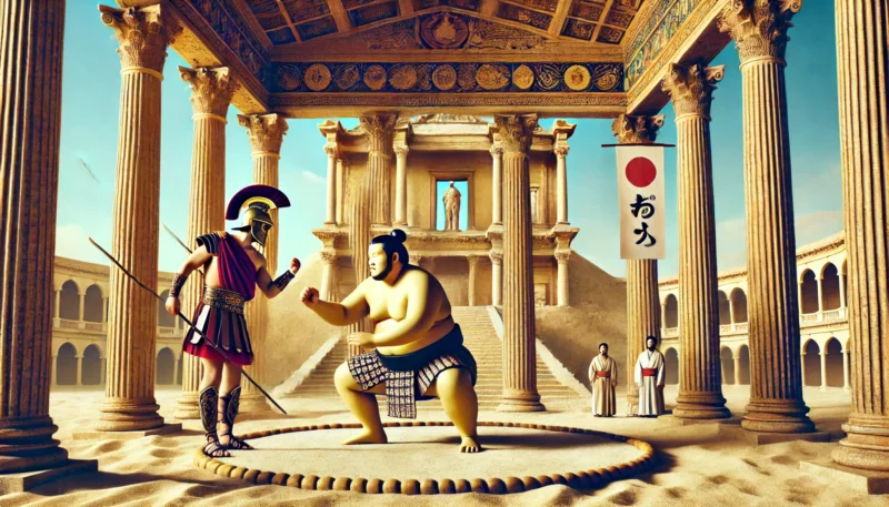ローマの剣闘士と日本の力士が異文化の中で対峙する、ローマと和風の要素が融合した競技場での象徴的なシーン