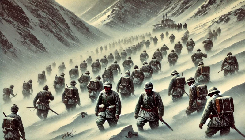 - 吹雪の中で行軍する明治時代の日本兵たちを描いた雪山の過酷なシーン。混乱し絶望する様子が組織的恐怖を象徴する。