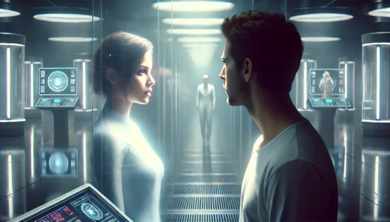 宇宙ステーション内で、実体を持ちながらも幻想的に佇む女性と対峙する男性の姿を描いた、記憶と愛の葛藤を象徴するSF的心理描写シーン