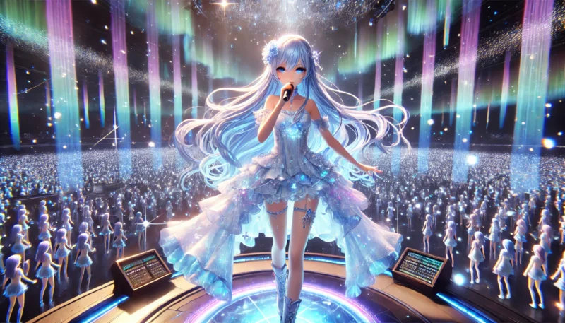 銀青の髪を持つ歌姫が、幻想的なオーロラのような光の中で未来的なステージに立ち、仮想世界の観客に向けて感情を込めたパフォーマンスをしているシーン。