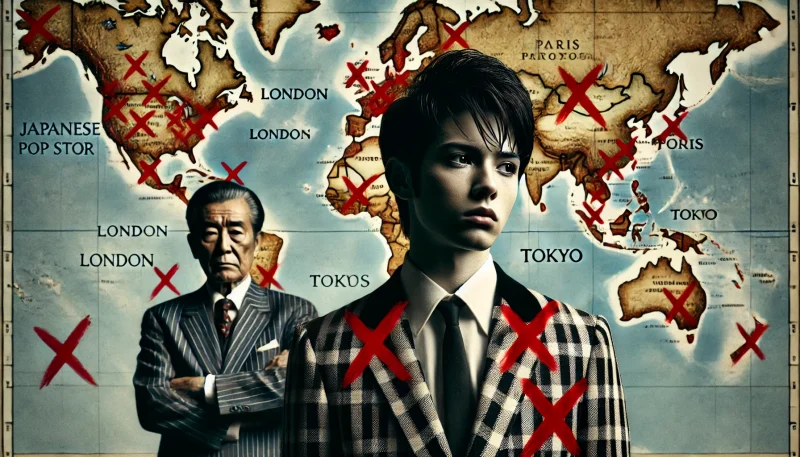 - 世界地図の前に立ち、国際都市にバツ印が付いた中で孤独にたたずむ1960年代風の日本人男性スター。その背後には厳しい表情の日本人マネージャーが控え、海外公演の制限とキャリア閉塞感を象徴する構図。