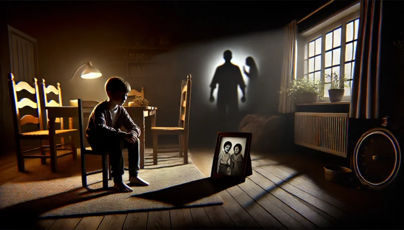 竜とそばかすの姫 けいくん:薄暗い部屋で膝を抱える少年のシルエット。窓の外の光とは対照的な家庭内の孤立を表現