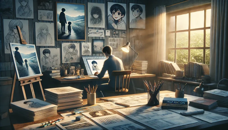 アニメ監督が自身のスタジオでスケッチや資料に囲まれながら構想を練る静かな創作風景。窓の外には田園風景が広がり、親子や自然を題材にした物語の原点を象徴している。