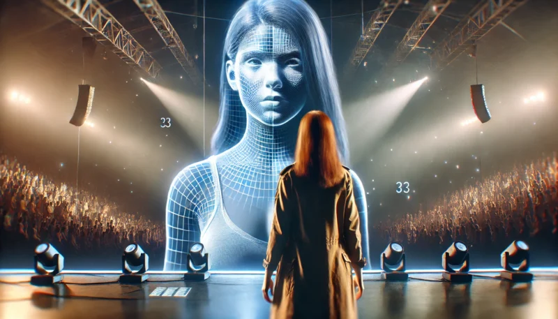 現実の姿で大観衆の前に立ち、仮想ステージで歌う若い女性の姿を描いた感動的なシーン。匿名性を捨てて自己をさらけ出し、トラウマを克服する瞬間を象徴している。