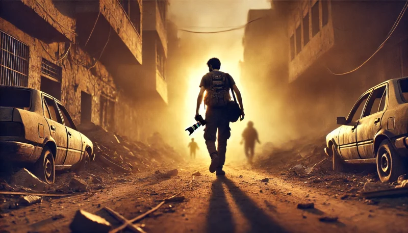 夕暮れの戦場を一人で歩く報道カメラマン。瓦礫と煙に囲まれながら、カメラを肩にかけて進む姿が、報道の責任と孤独を象徴している。