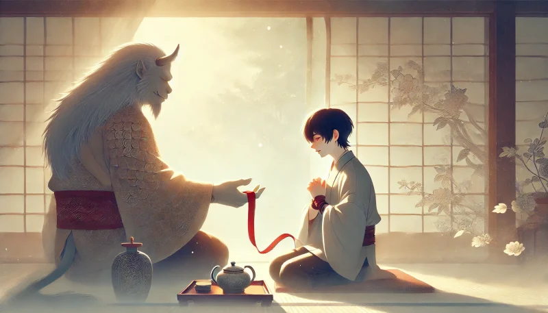 静かな和室の朝、若い少年が目覚め、傍らには優しく見守る獣の父親の姿。少年の手首には赤い紐が結ばれており、再生と絆を象徴する温かな空間が描かれている。