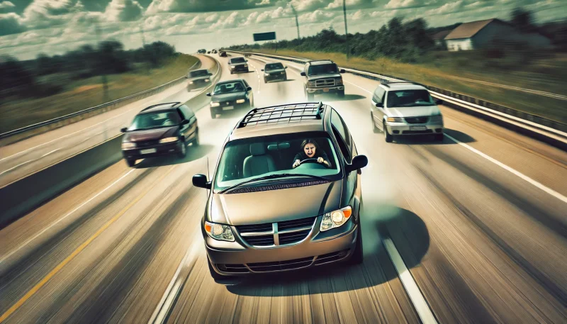 田舎の高速道路でミニバンが他の車をかき分けて猛スピードで走行している様子。運転手の母親の表情には強い決意が表れ、全体に緊張感が漂うチェイスシーン。