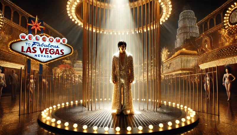 ラスベガス風の豪華な舞台で、金色のスポットライトに照らされ孤独に立つ日本人男性歌手。舞台は光の柵で囲まれ、「金色の監獄」としての象徴を描く。輝きと裏腹の閉塞感が漂う構図。