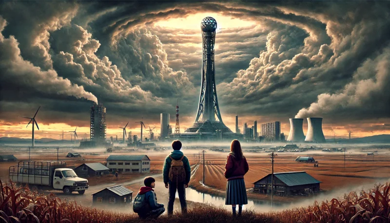 - 雲に届く巨大な塔を見つめる日本人の少年少女3人と、分断された近未来の日本を象徴する風景