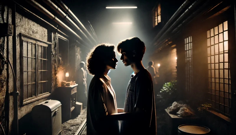 暗くムーディーな室内で向き合う2人の女性が感情的に張り詰めた雰囲気の中で立っている様子。愛と孤独、心理的葛藤を象徴するシネマティックな一場面。