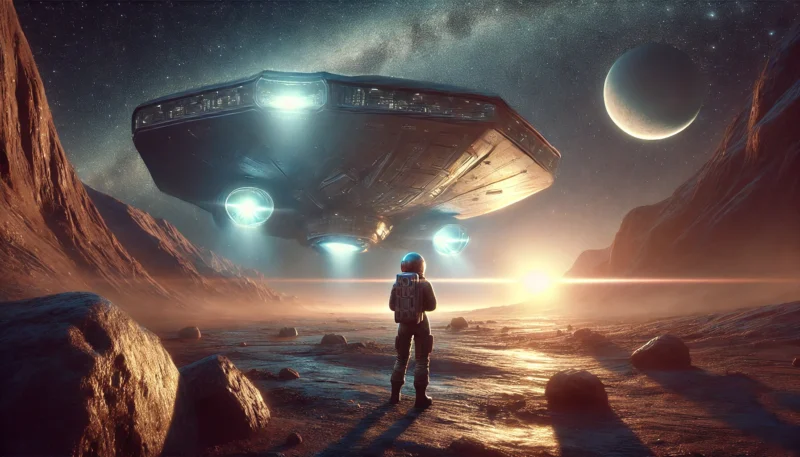 夜明けの異星で、女性宇宙飛行士が巨大なエンジニアの宇宙船を前に一人佇み、未知への旅を決意する荘厳な光景