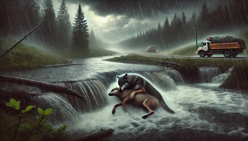 激しい雨が降る山中で、川に流されるおおかみの姿が描かれた悲劇的なシーン。遠くにはゴミ収集車が見え、自然の死と人間社会の冷たさが交錯する瞬間。