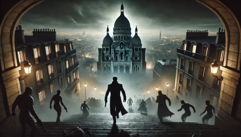 夜のヨーロッパ風寺院に続く長い階段を、黒いスーツを着た謎の戦士が登っていく。階段の途中には複数の影の人物が立ちはだかり、戦闘の緊張感が漂っているシネマティックな情景。