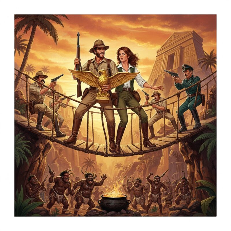 熱帯の遺跡を背景に、吊り橋の上で黄金の像を持つ冒険家とヒロイン。武装した追跡者と、下で炎を囲む先住民が描かれている。
画像3