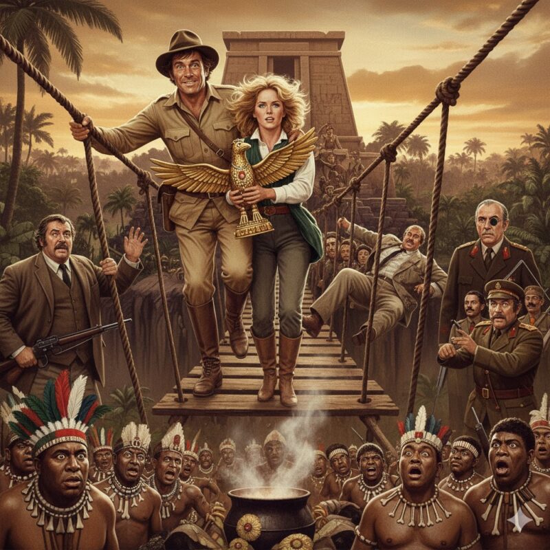 1980年代のアドベンチャー映画「キング・ソロモンの秘宝」のポスター風イラスト。中央に冒険家とヒロインが黄金の像を手に吊り橋を渡っており、周囲には追跡者や先住民が描かれている。