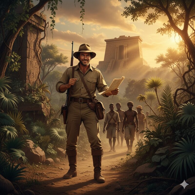アフリカのジャングルを進む冒険家アラン・クォーターメイン。ライフルを肩にかけ、地図を手に微笑んでいる。背後には古代遺跡と案内人が続く。