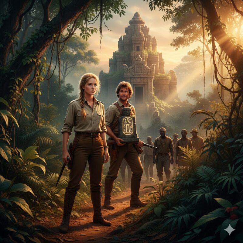 若き日のシャロン・ストーン演じるヒロイン、ジェシー・ヒューストンと、アラン・クォーターメインがジャングルの中の古代寺院の前で像を手にしている。