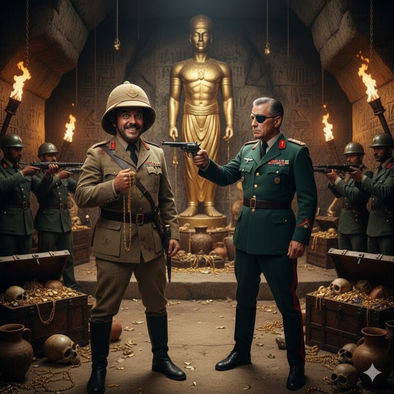 キング・ソロモンが眠る洞窟の奥地で、黄金の像を背に、ジョン・リス＝デイヴィス演じるドガティと、ハーバート・ロム演じるボックナー大佐が銃を向け合う。
画像6