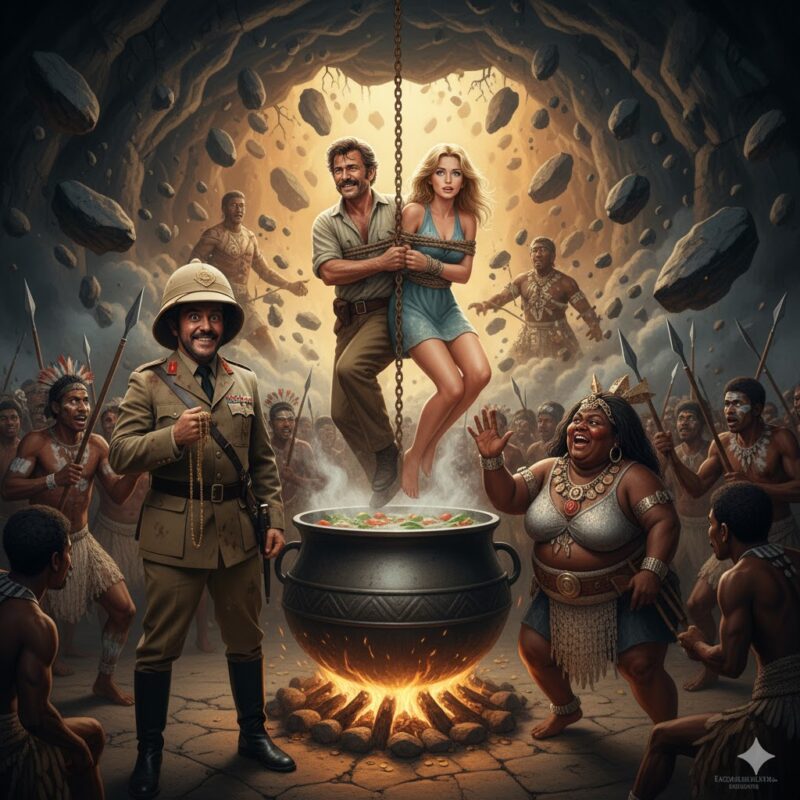 洞窟の中で食人族に捕らえられ、釜ゆでにされそうになっているアラン・クォーターメインとジェシー・ヒューストン。ドガティと女族長ガグーラが見守る。