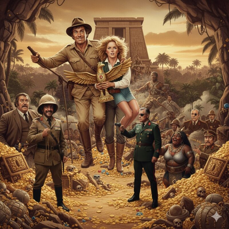 映画「キング・ソロモンの秘宝」の象徴的なシーンを再構築したイラスト。冒険家とヒロインが黄金の像を手に、敵役たちと黄金が散乱する洞窟の中で対峙している。