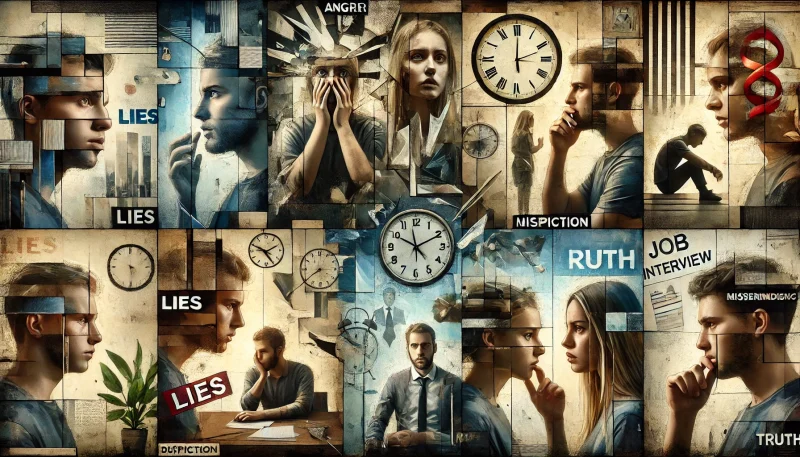 6人の大学生がそれぞれ異なる感情を抱えて別々の空間に佇むコラージュ構図。影と光が交錯し、時計や割れたガラス、面接書類が背景に重なる抽象的な演出が、物語全体の緊張とテーマを象徴している。