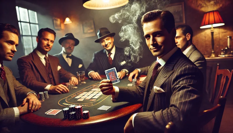 1930年代のポーカールームでイカサマを仕掛ける詐欺師。自信に満ちた表情の男がカードを袖に隠し、周囲のプレイヤーは警戒しながら見守っている。張り詰めた空気と戦略的駆け引きが漂う場面。
