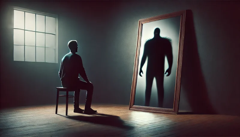 薄暗い部屋で鏡の前に立つ一人の人物と、鏡の中に映る影のような怪物の姿。内面の恐れや無意識の偏見を象徴する、心理的な葛藤を描いたシーン。