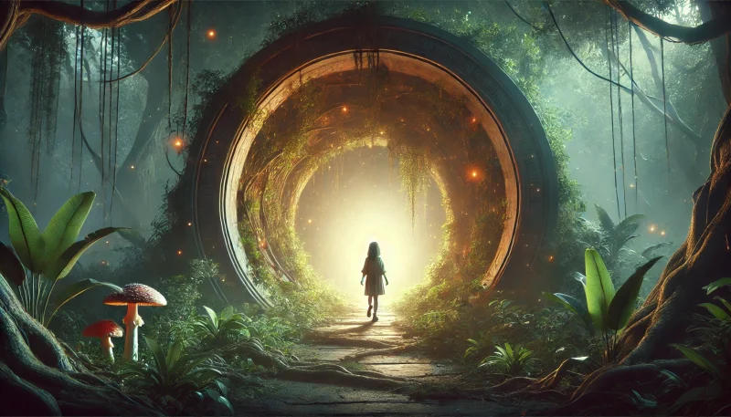光が漏れる神秘的なトンネルを背にし、振り返らずに歩いていく少女。過去との決別と未来への歩みを象徴する幻想的な風景。