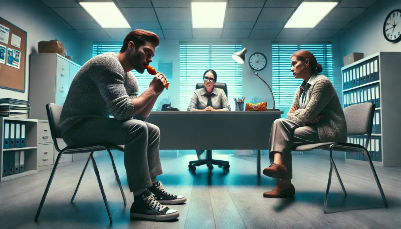 教室内の会議スペースで、無表情で飴を口にする教師と、不安そうな表情の母親が向かい合う緊張した面談の様子。冷たい照明が不穏な空気を強調している。