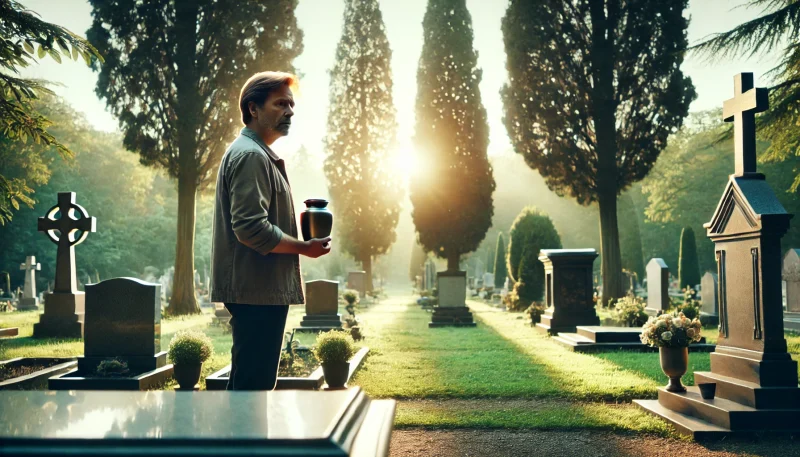 夏の日差しが差し込む墓地で、遺灰の入った壺を手に静かに立ち尽くす中年男性の後ろ姿。喪失と記憶を象徴する感情的な場面
