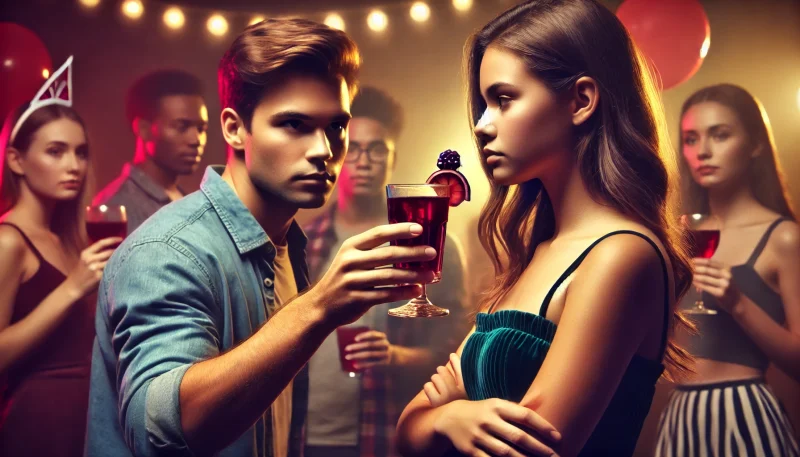 大学のパーティー会場で、男子学生が怒りの表情で他の学生たちのやり取りを見つめている。女性学生は落ち着いてブドウジュースを手にしており、誤解が生まれる瞬間を象徴する一場面。