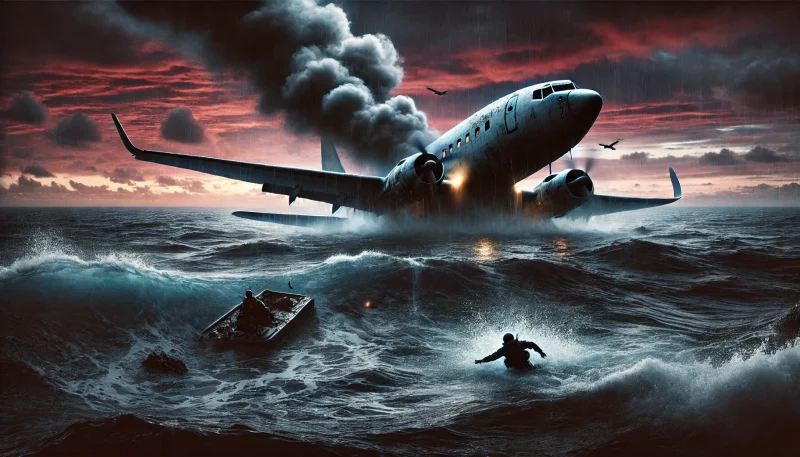 夕暮れの空を背景に、片翼から煙を上げながら海に墜落する軍用機。荒れる波間には兵士が脱出し泳ぐ姿が見え、緊迫感と絶望感が交錯する一瞬を描く。