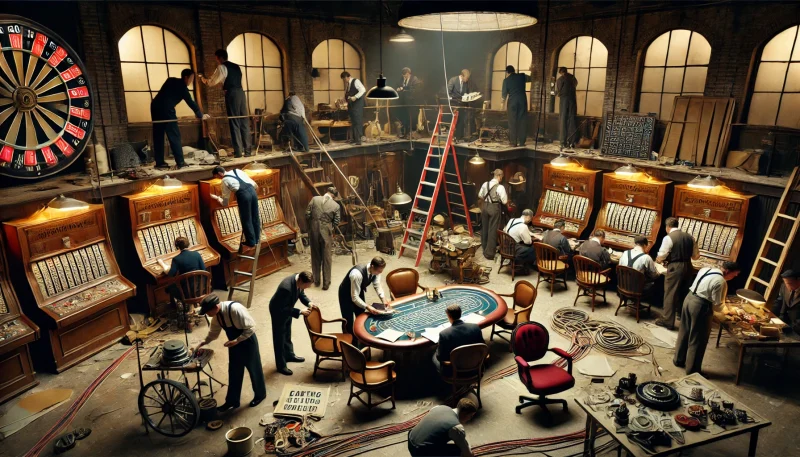 1930年代の地下室で詐欺師たちが偽の賭博場を建設中。壁を塗る作業員、電信線を引く技師、家具を運び込むチームが協力している。精密に作られるセットの裏側が描かれたシーン。