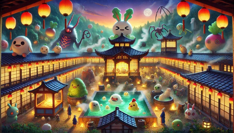 日本の伝統建築に着想を得た幻想的な温泉宿に、様々な個性を持つ神様たちが共存する様子を描いた壮大で夢幻的なパノラマ風景