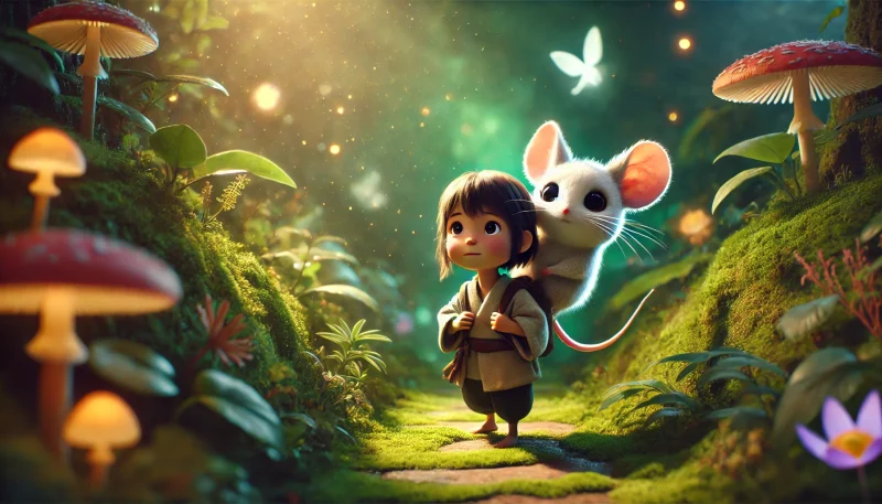 - 魔法でネズミに変えられた元赤ん坊の小さな精霊が、少女の肩に乗って幻想的な森を旅する、成長と絆を感じさせる温かい冒険の風景