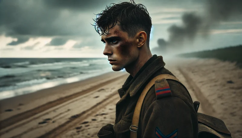 戦後の浜辺で一人海を見つめる若い兵士。疲れと生存の重みを背負った静かな情景。