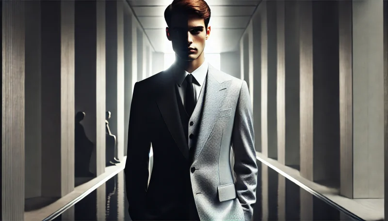 薄暗い廊下に立つスーツ姿の青年。顔の半分が光に、もう半分が影に照らされており、正義と計算の狭間に立つ複雑な人格を象徴する構図。