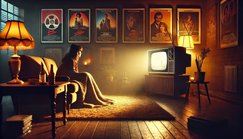 映画の余韻に浸りながら、80年代風のテレビでノスタルジックな作品を視聴する人の部屋。ブランケットに包まれ、感情的な表情を浮かべる人物が映る温かく静かな空間