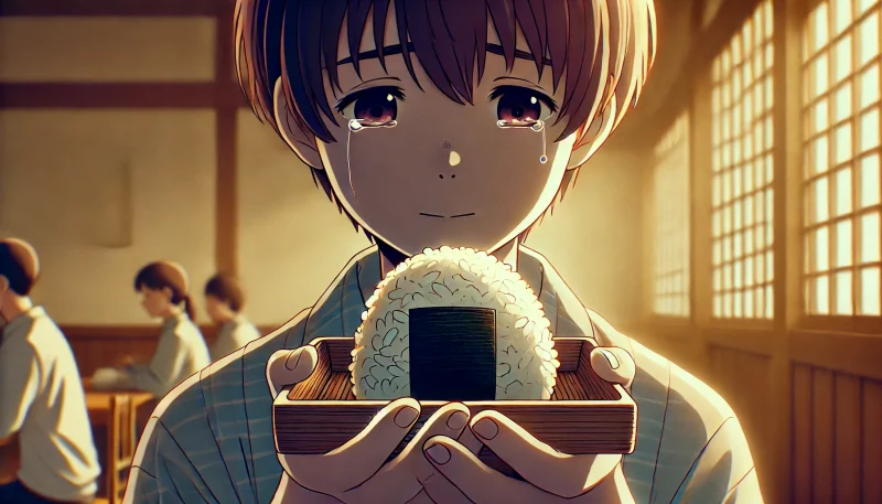 涙を浮かべながら小さな手でおにぎりを持つ少女の姿を描いた感動的なアニメ調イラスト。背景の柔らかな光とぼかしが、静かで温かい癒やしの瞬間を強調している。