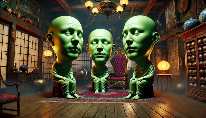 日本の伝統的な部屋に浮かぶ3体の緑色の不気味な頭部キャラクターが並び、静かな薄暗い空間で跳ねるように存在している様子を描いた幻想的なイメージ